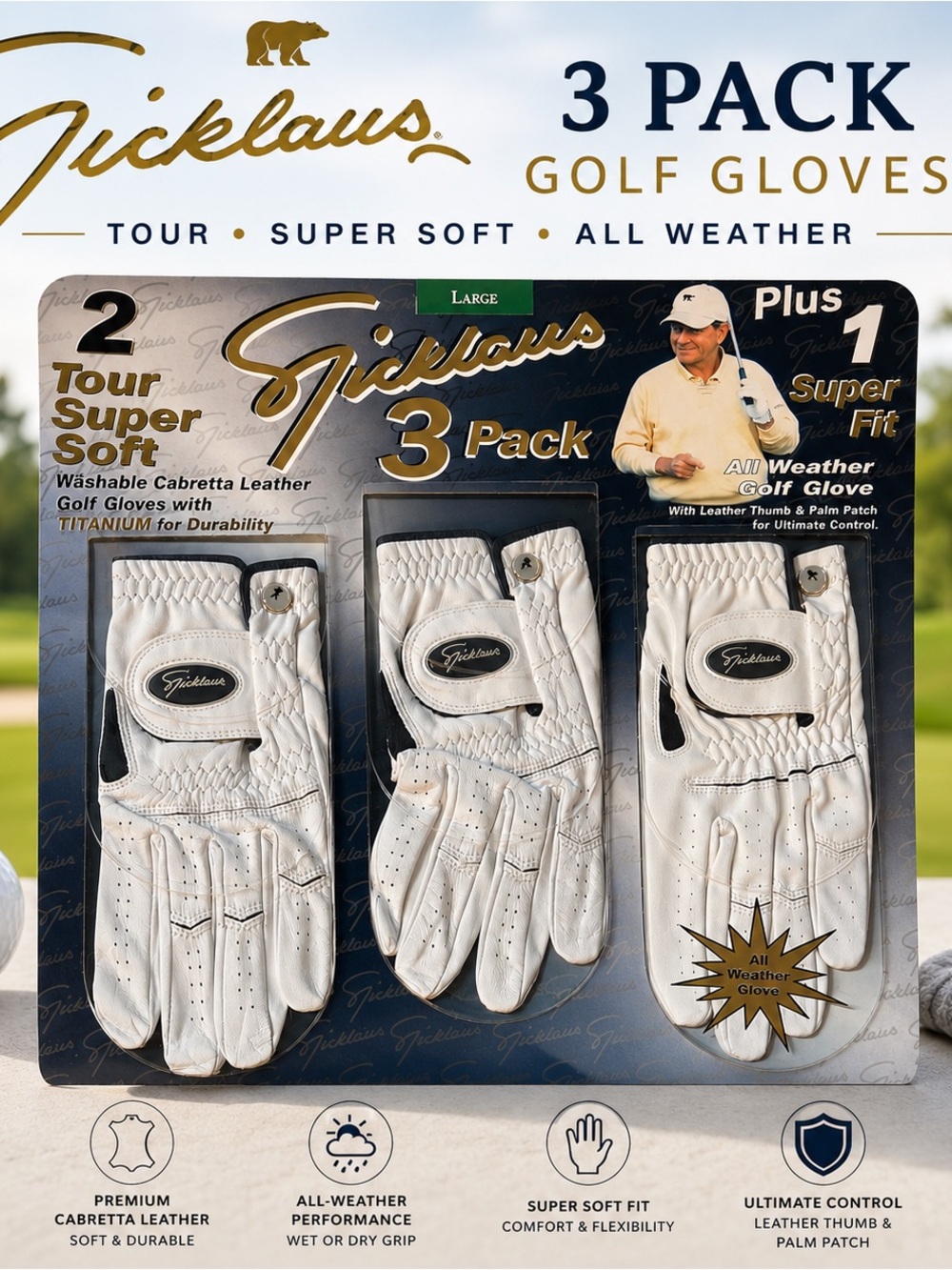 Nicklaus Men's White Golf Gloves 3-Pack - Large